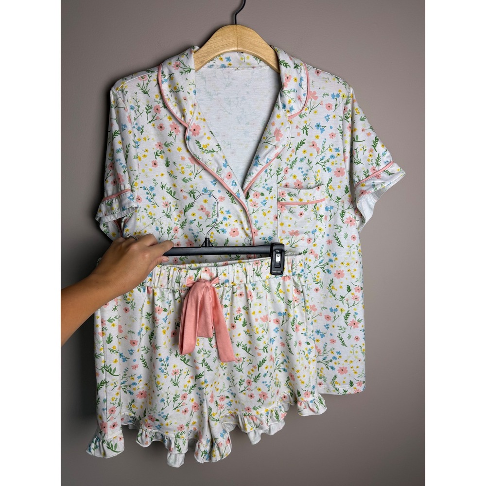 Floral Short Sleeve Pajama Set Pink Ruffle Shorts Button Down Lounge Set L